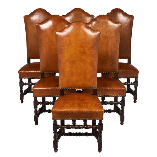 Six Louis XIII Style Leather Dining Chairs
