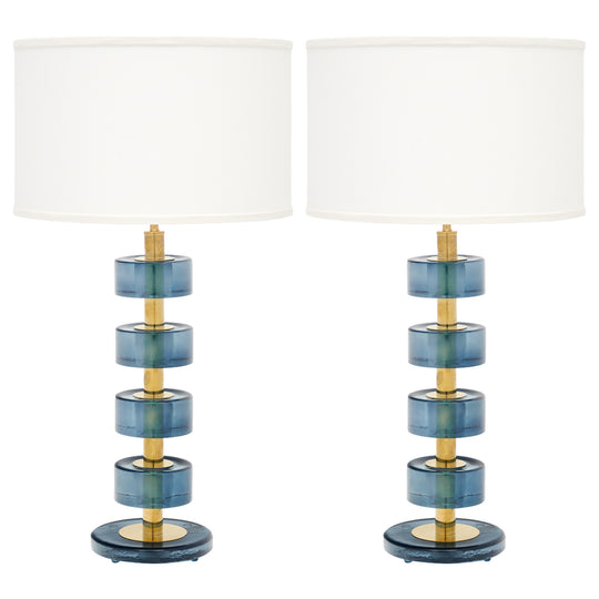 Murano Blue Glass and Brass Modern Lamps, In Stock