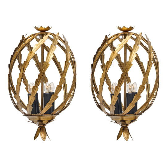 Pair of French Chandeliers, Art Deco Period, Ormolu, Gold Leaf, 1930