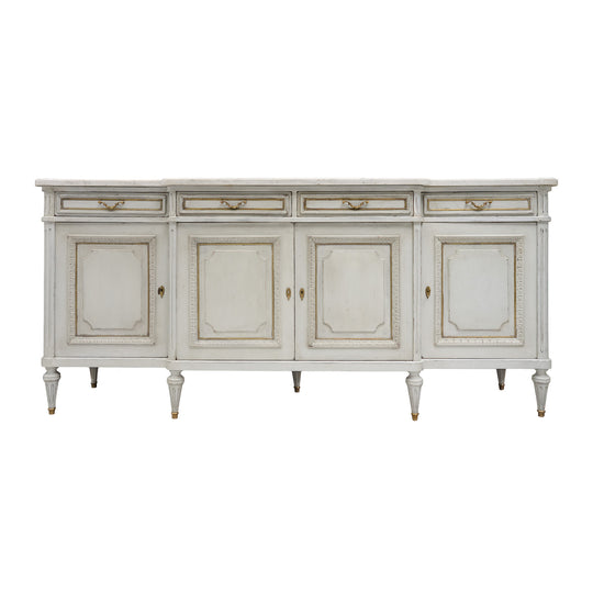 Painted Louis XVI Buffet, French, Carrara Marble, Antique 1920s