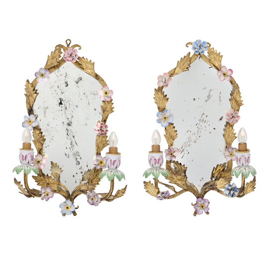 Pair of Mirror Sconces, Italian Antique, Floral and Tole