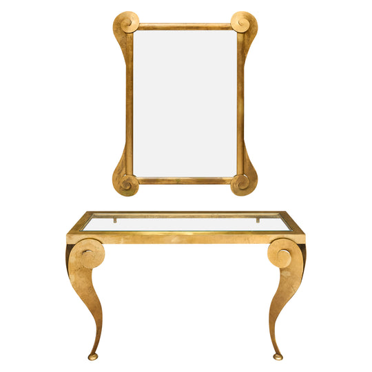 Modernist, Italian Brass Vintage Console and Mirror, Gold Leafed