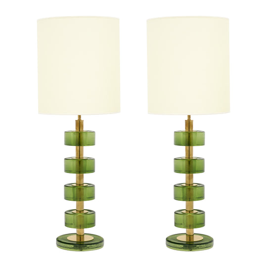 Modern Venetian Glass and Brass Lamps with Green Drum Glass, Murano, Italy