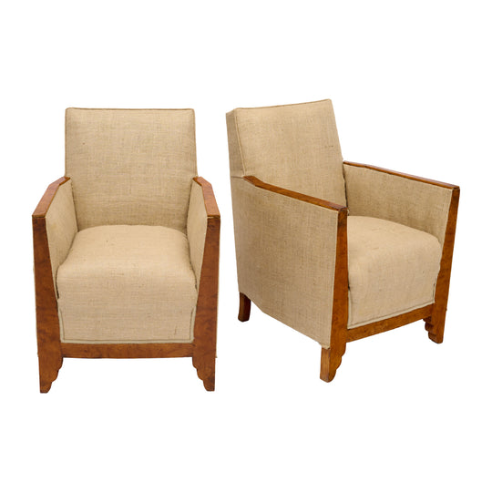 French, Art Deco Period Burled Ash Bergères, Burlap Upholstery