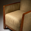 French, Art Deco Period Burled Ash Bergères, Burlap Upholstery