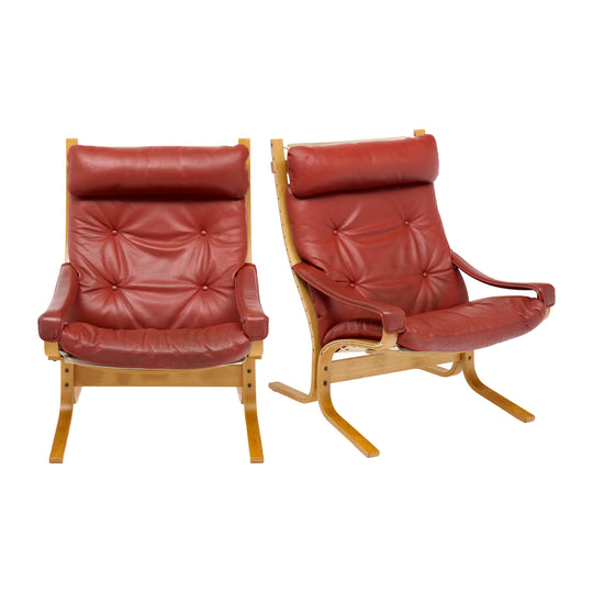 Pair of Ingmar Relling Leather “Siesta” Lounge Chairs, Red Leather