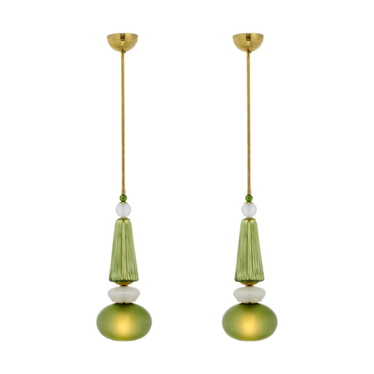 Pair of Venetian Glass Green Pendants, Murano, Italy
