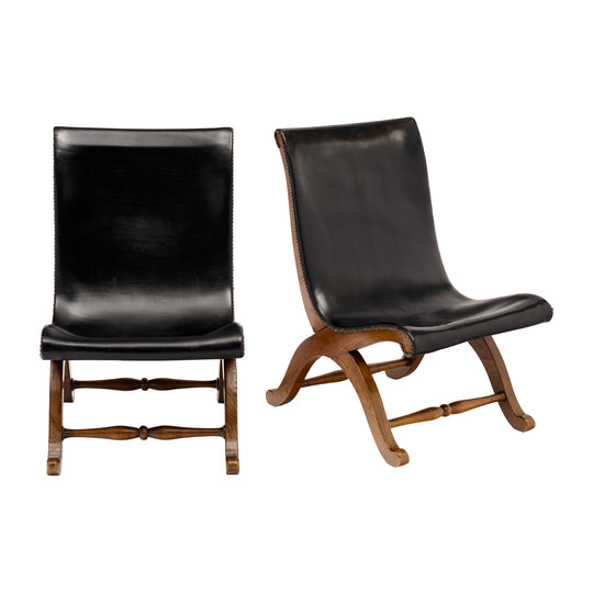 Pair of Mid-Century Black Leather and Wood Lounge Chairs by Valenti