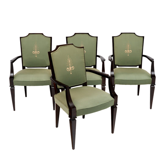 Set of Four French Art Deco Ebonized Wood and Green Upholstered Armchairs