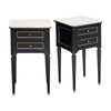 Pair of French Louis XVI Style Ebonized and Brass Marble-Top Side Tables