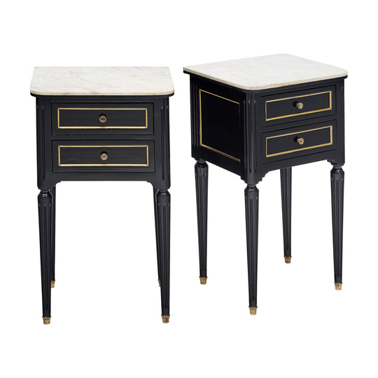 Pair of French Louis XVI Style Ebonized and Brass Marble-Top Side Tables