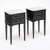 Pair of French Louis XVI Style Ebonized and Brass Marble-Top Side Tables
