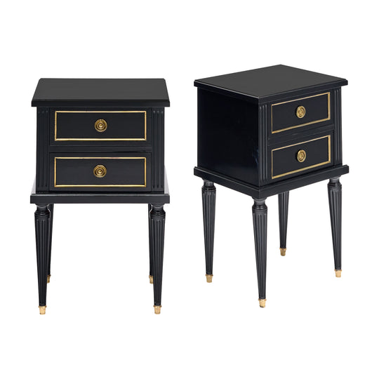 Pair of French Louis XVI Style Ebonized and Brass Two-Drawer Side Tables