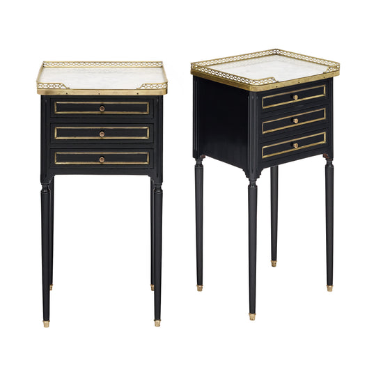 Pair of French Louis XVI Style Ebonized, Brass and Marble Side Tables