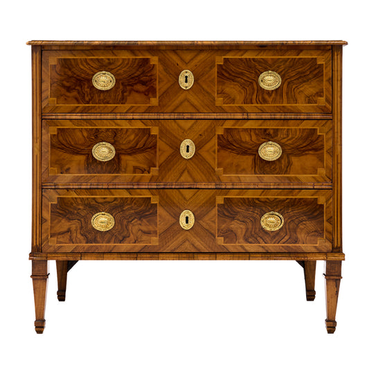 Italian Neoclassical Walnut and Marquetry Three-Drawer Commode