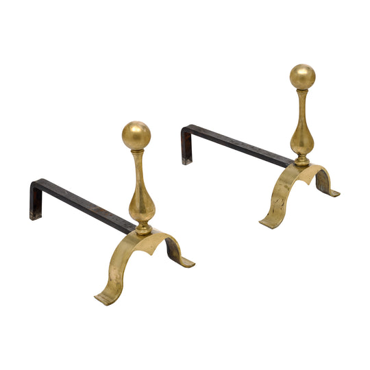 Pair of French Mid-Century Brass and Iron Fireplace Andirons