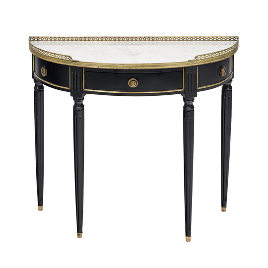 French Louis XVI Style Ebonized, Brass and Marble Demi-Lune Console Table