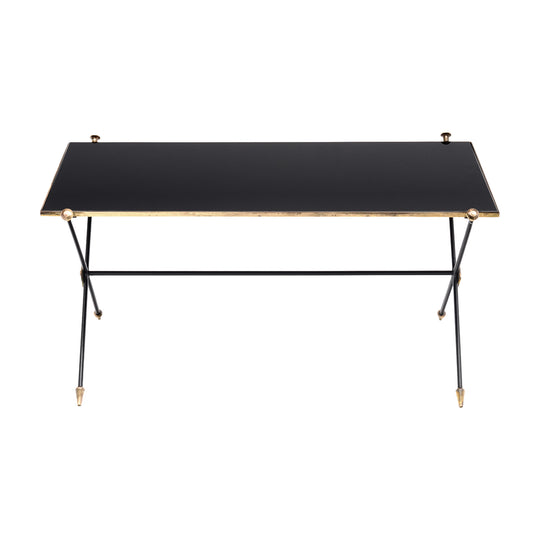 French Mid-Century Black Glass, Iron and Brass Coffee Table