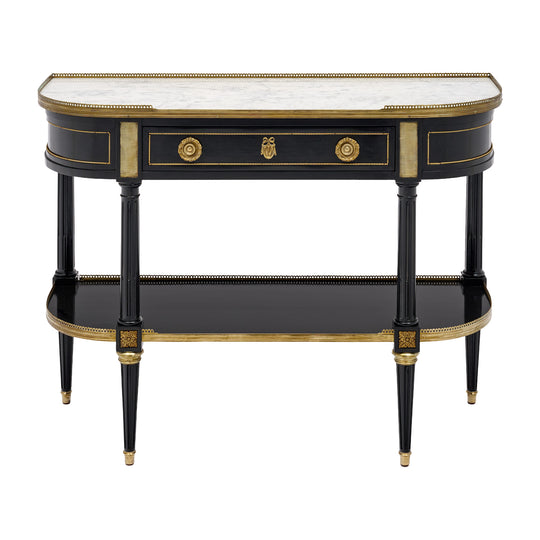 French Louis XVI Style Ebonized, Brass and Marble Console Table
