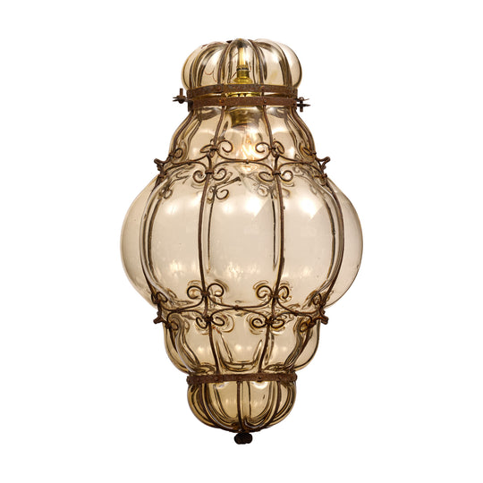 Antique Venetian Smoked Amber Glass and Wrought Iron Lantern, Circa 1920
