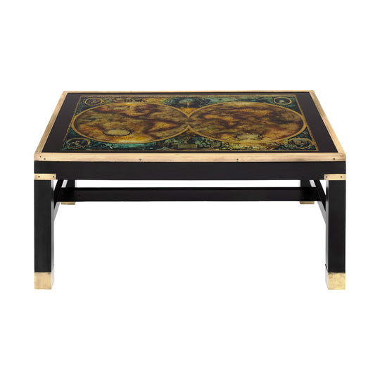 Neoclassical Ebonized and Brass Coffee Table with Antique World Map Top