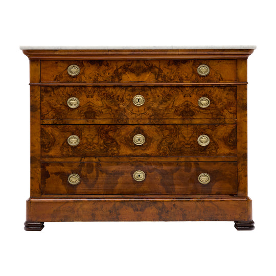 French Restoration Burled Walnut Chest of Drawers with Carrara Marble, Circa 1830