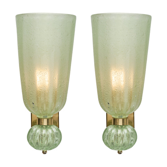 Pair of Contemporary Pale Green Murano Glass and Brass Sconces, IN STOCK