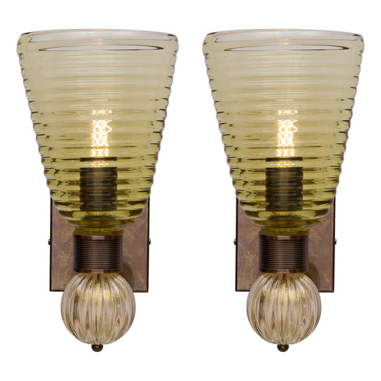 Pair of Murano Olive Green Glass and 24 Carat Gold Avventurina Sconces, IN STOCK
