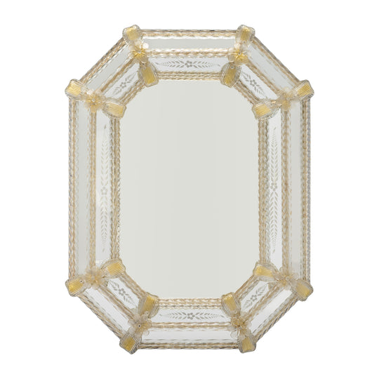 Venetian Etched Glass Octagonal Mirror with Floral and Ribbon Details, Circa 1940