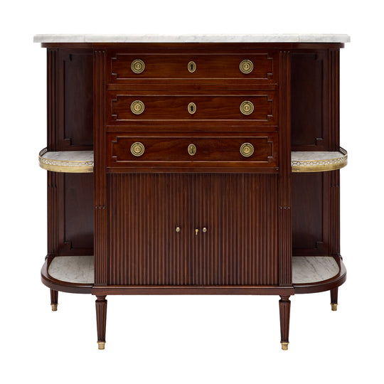 French Louis XVI Style Mahogany Buffet with Marble Shelves and Tambour Doors, Circa 1880