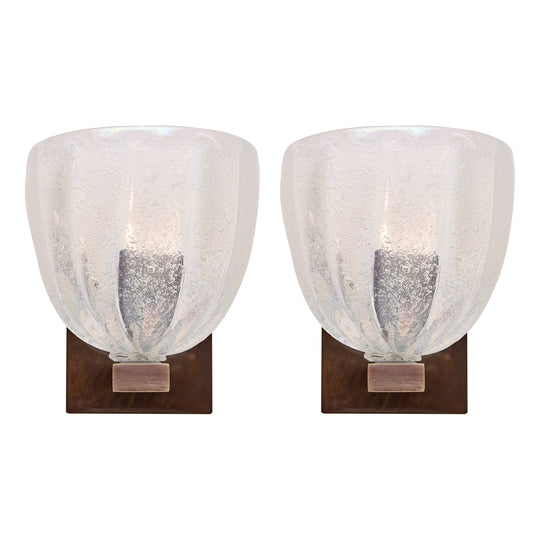 Pair of Italian Venetian Murano Pulegoso Glass Sconces with Patinated Brass - IN STOCK
