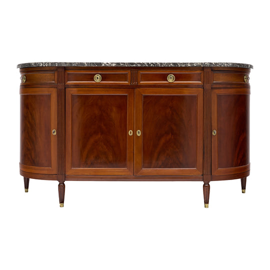 French Louis XVI Style Flame Mahogany Enfilade with Sainte-Anne Marble, Circa 1900