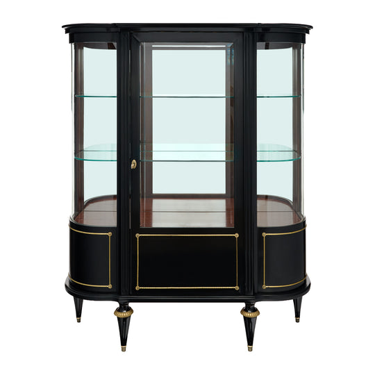 French Louis XVI Style Ebonized Curved Glass Vitrine Display Cabinet, Circa 1900