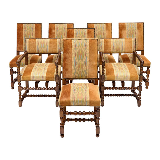 French Louis XIII Style Turned Walnut Dining Chairs and Armchairs, Set of Eight, circa 1880