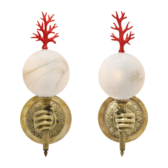 Jean-Marc Fray Bespoke French Bronze Hand and Murano Glass Coral Wall Sconce