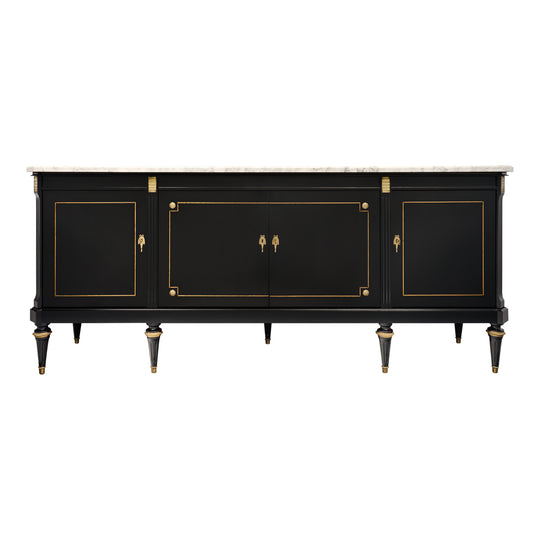 French Louis XVI Style Ebonized Mahogany Breakfront Enfilade with Carrara Marble, circa 1920