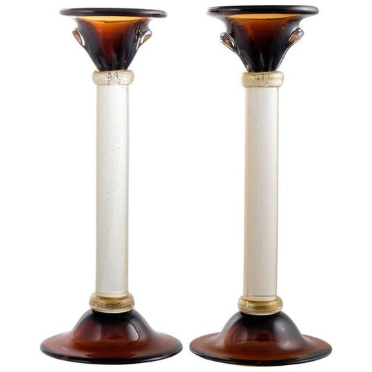 Murano Amber & Avventurina Glass Candlesticks