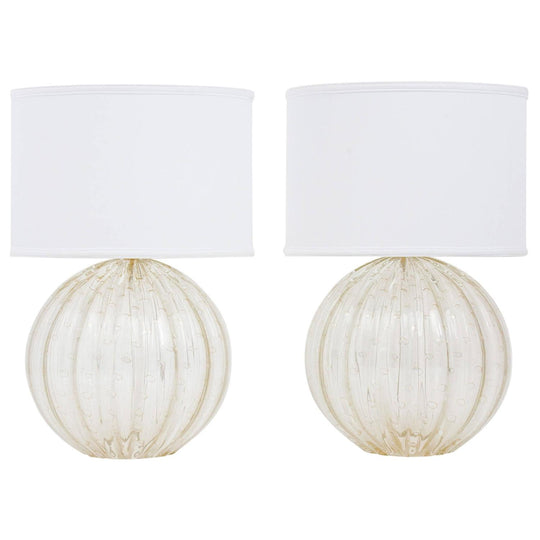 Pair “Pulegoso” Hand Blown Murano Globe Lamps