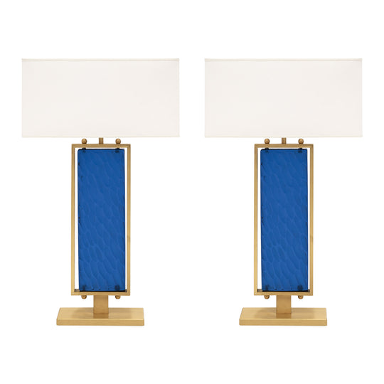 Blue Hued Murano Glass and Brass Table Lamps